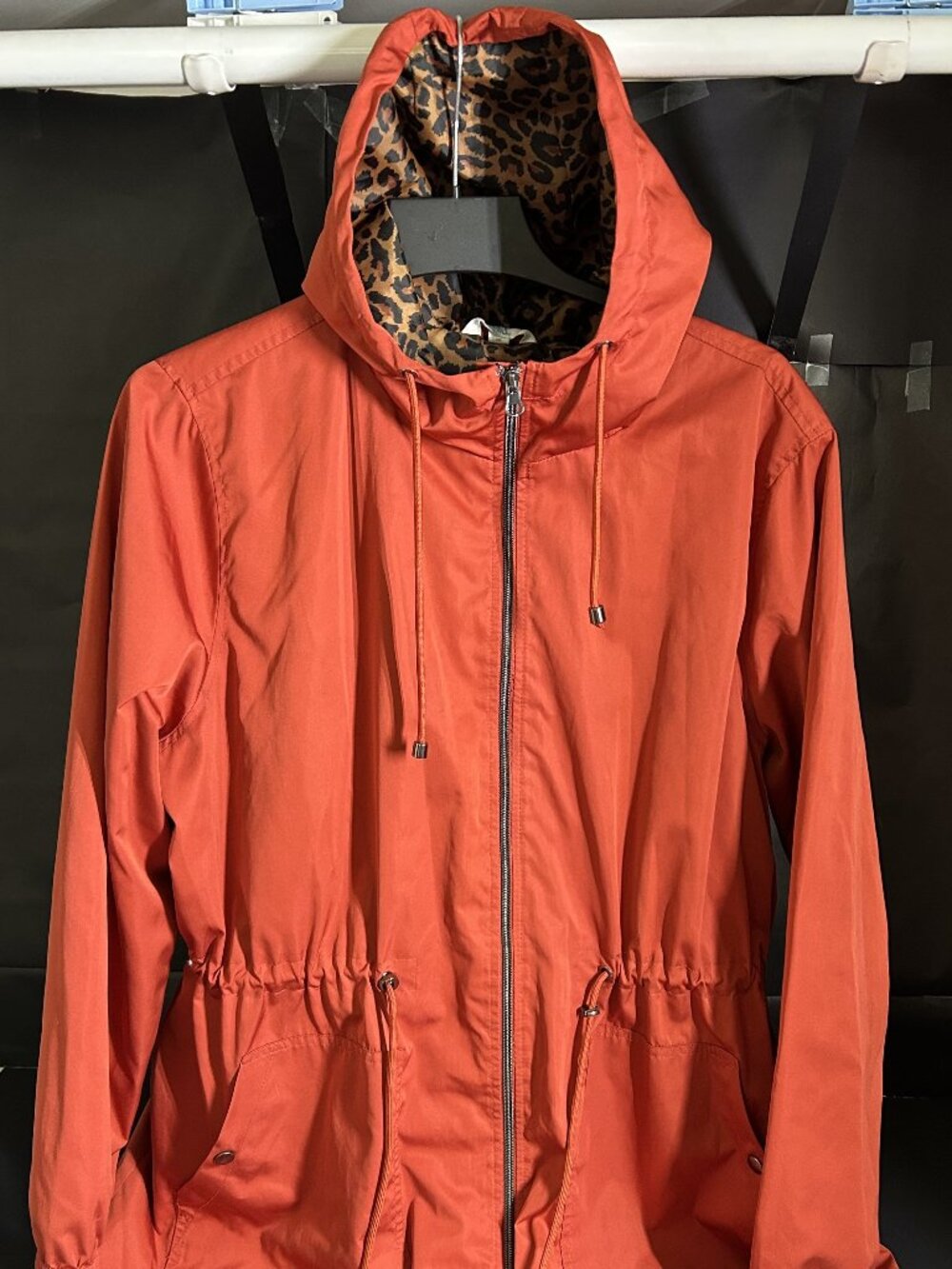 Time & Tru Hip Length Adjustable Orange Rain Slicker Jacket with Hood